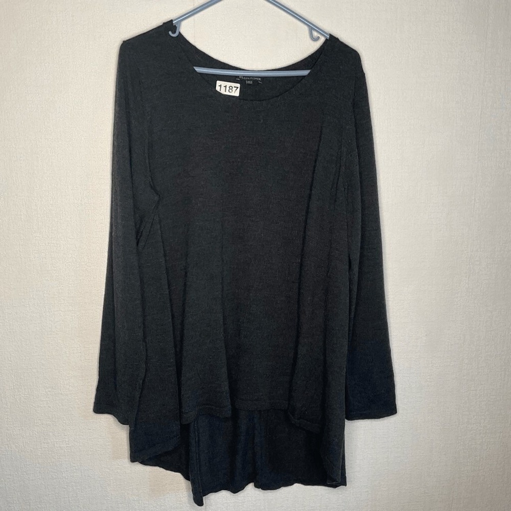 Eileen Fisher Heather Grey High Low Hem Sweater Women XL China 100% Merino Wool